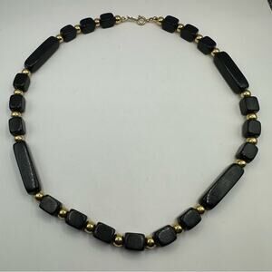 Vintage Trifari Black Gold Tone Beaded String Lucite Long Necklace VTG Retro